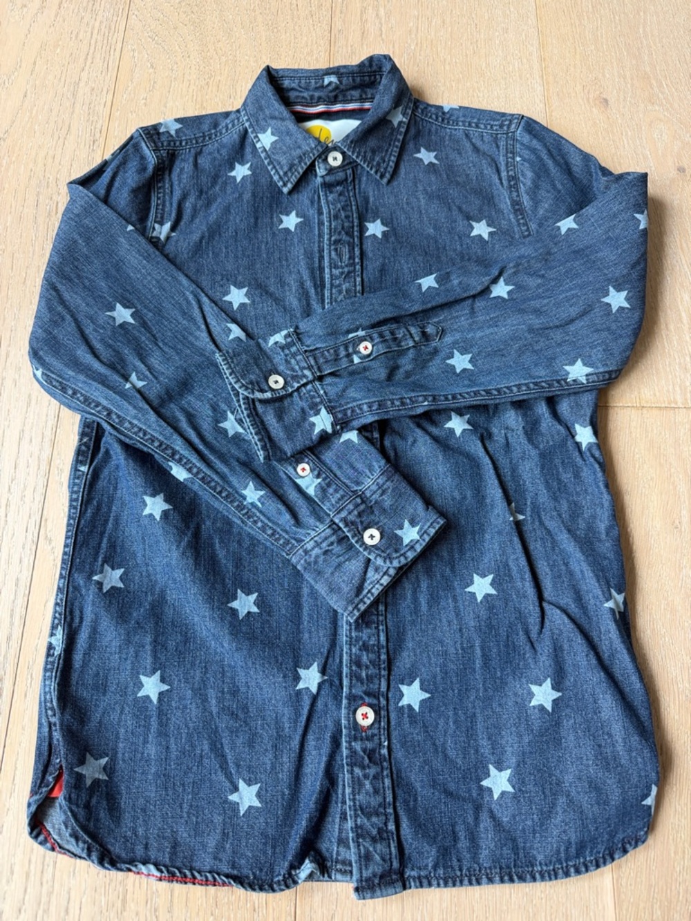 Mini Boden Dark Denim Star Print Button-Up Shirt, Size 9-10